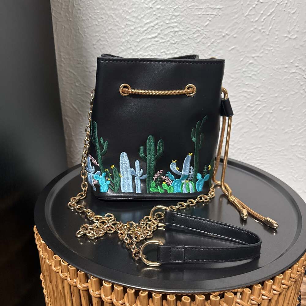 Embroidered Cactus Mini Bucket Bag with Gold Chain Strap